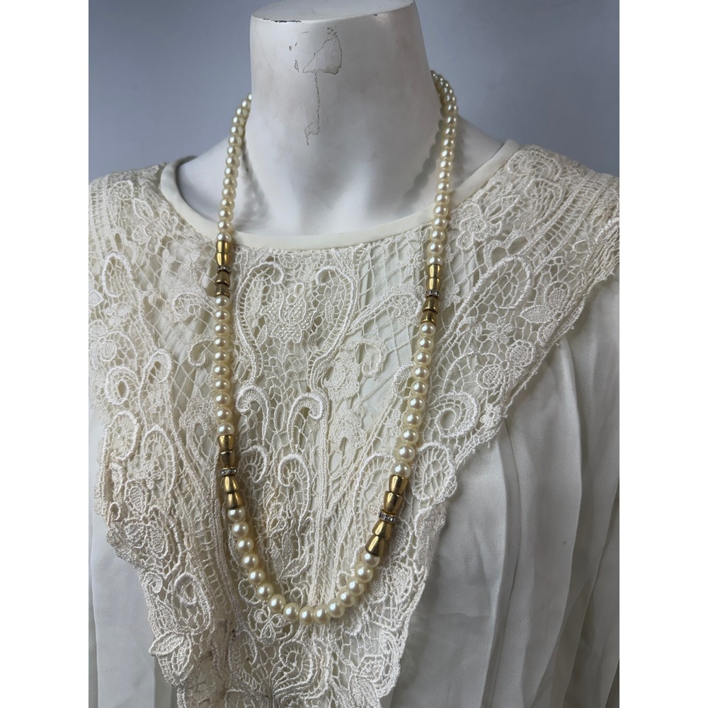 Vintage Faux Pearl Necklace Gold Tone Rhinestone Spacer Opera Length 30 Inch